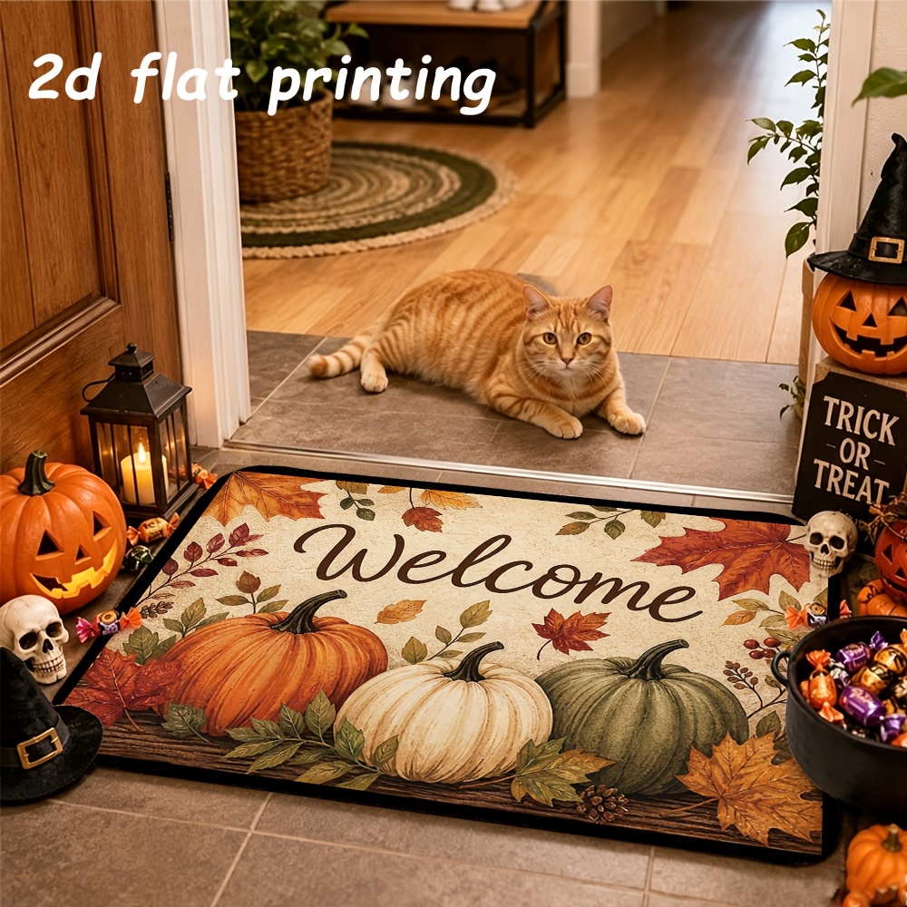 TEMU 2d Flat Printing, 1pc Pumpkin Doormat, Flannel Material Non-slip Comfortable Easy To Clean, Ideal For Entrance, Terrace, Porch, And Farmhouse,