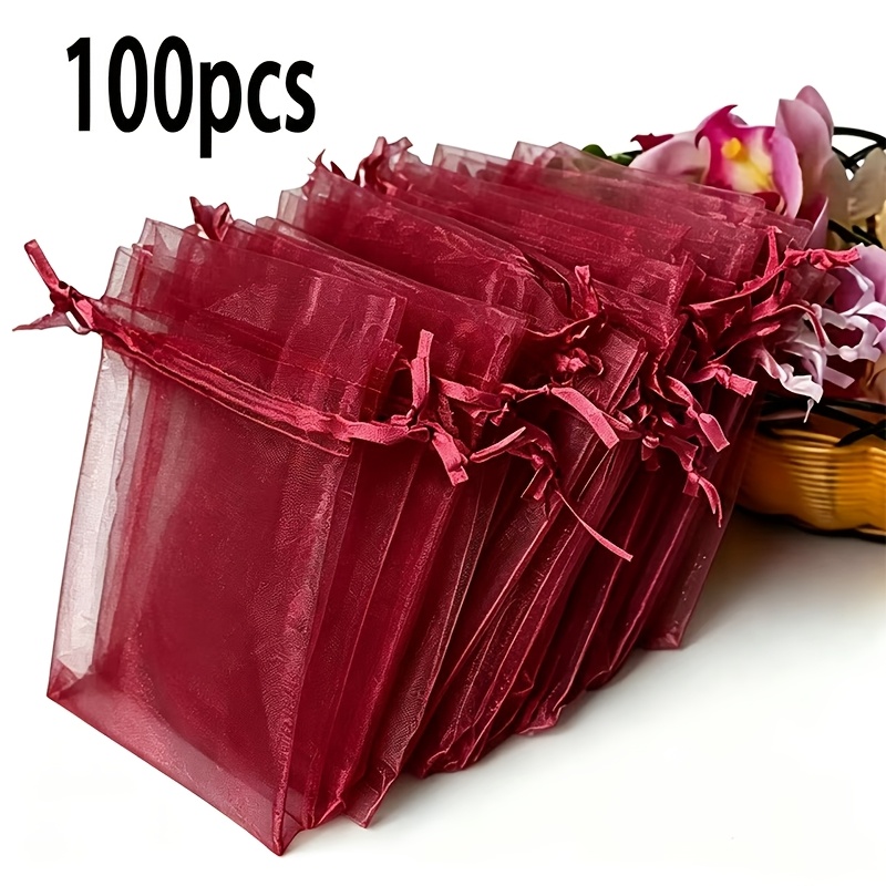 Image of 100pcs Pack Transparent Red Organza Gift Bags With Drawstring Closure - Suitable For Wedding Favors, Party Supplies, Candy & Jewelry, Treat Bags For Birthdays, Showers, Chinese New Year Decorations