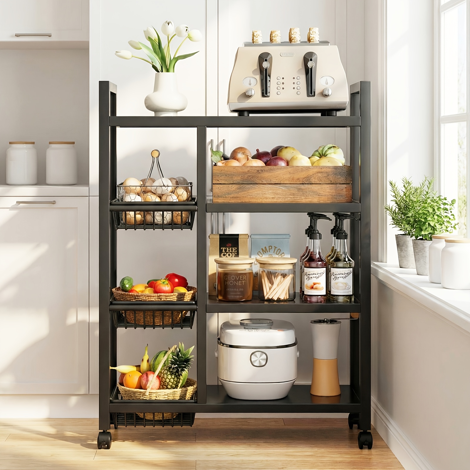 TEMU Heavy-duty Adjustable 4-tier Mobile Storage Shelf With 3-tier Wire Shelves & 4-wheel Base - Carbon Frame Freestanding Shelving Unit Suitable For