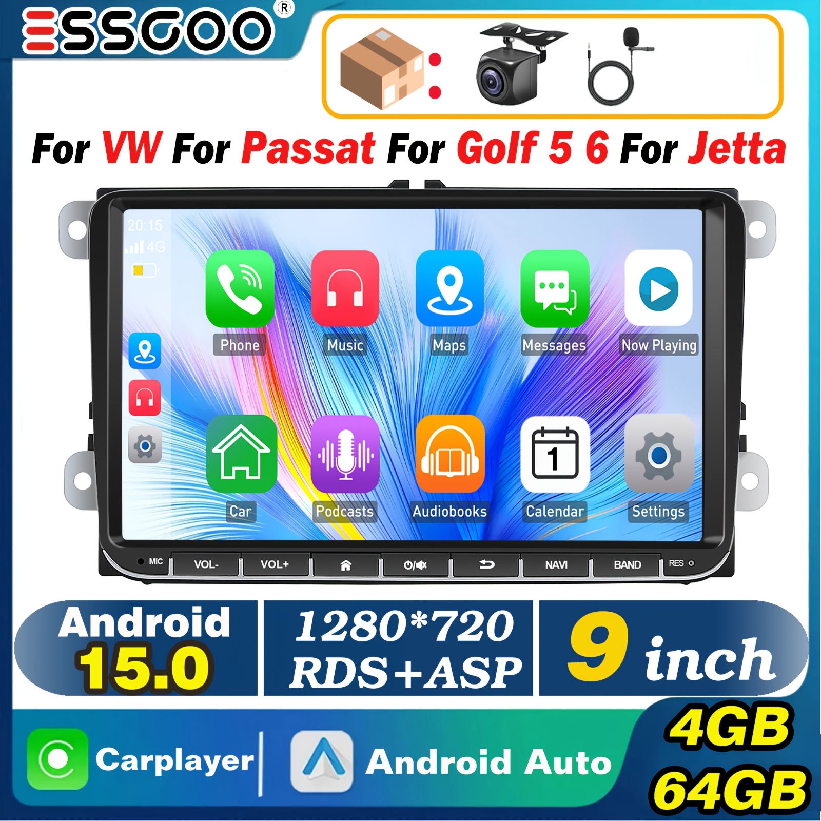Essgoo 15 Car Stereo For Vw Golf 5 6 For Jetta, 4+64gb Radio Player, 9 Inch/22.86cm Ips Screen Car Radio Multimedia Player, Wireless Carplayer, Auto, Support B-t Gps Wifi Swc, Colorful Button Lights