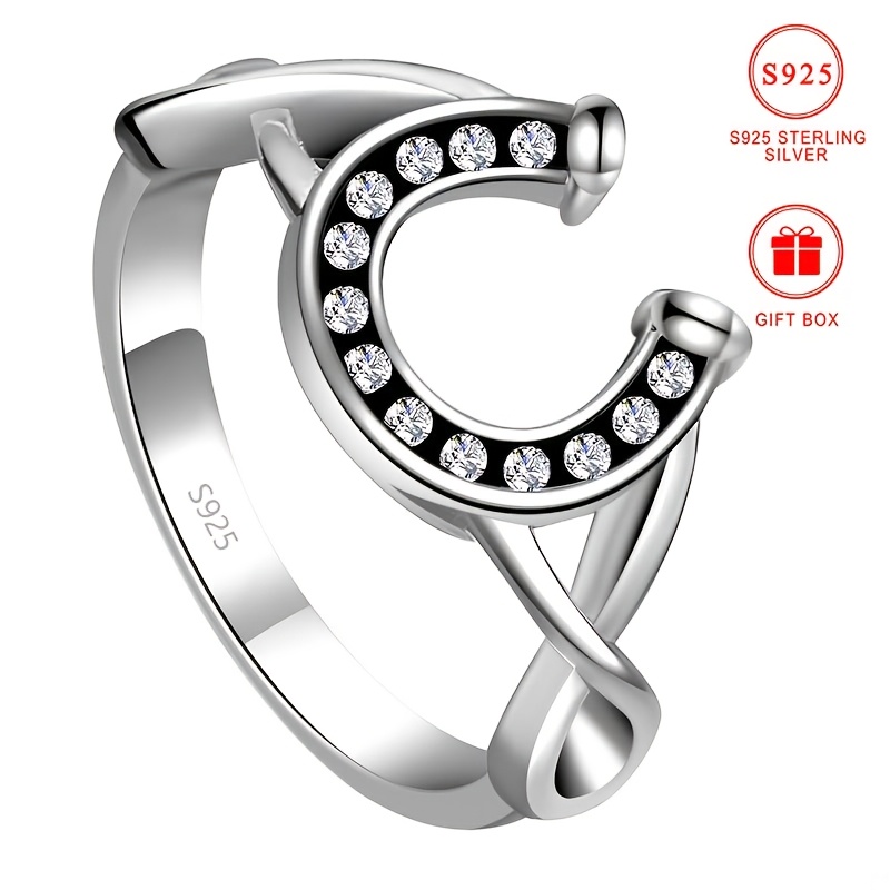 

1pc Elegant 925 Sterling Silver Horseshoe Ring, Classic Vintage Style With Synthetic Cubic Zirconia, Silver Plated, Gift Box Included For