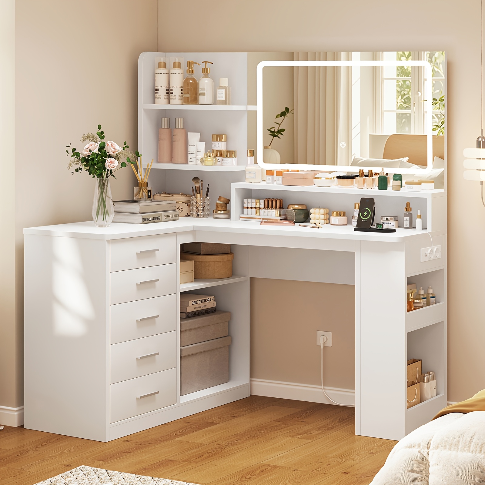 Modern Vanity Desk With 5 Drawer And Hd Mirror, White Makeup Dressing Table With 5 Shelves, For Bedroom