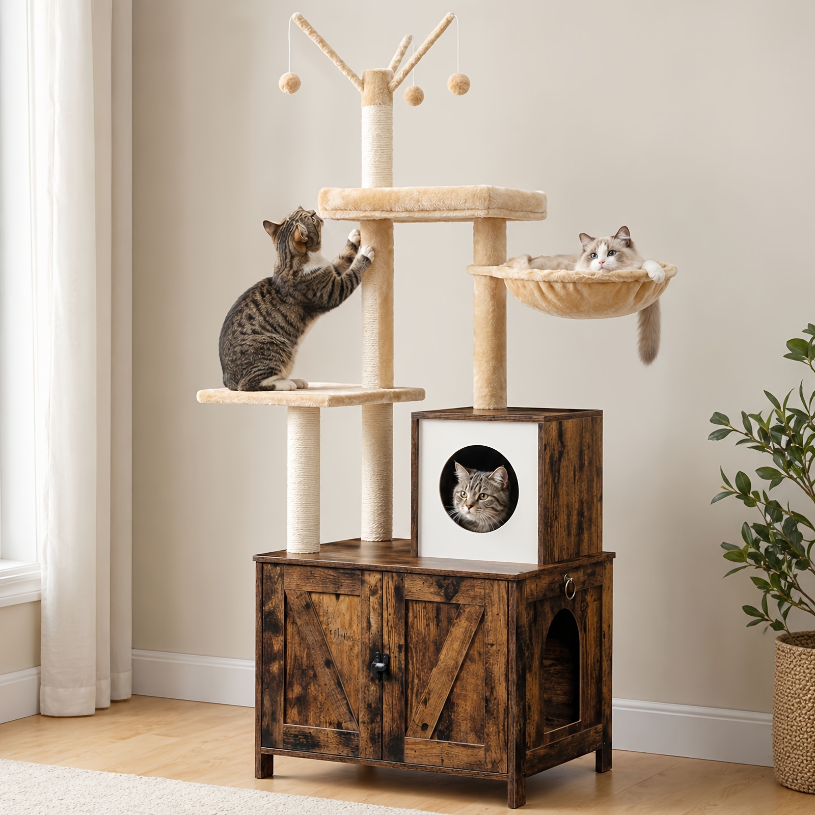 150cm -one Multi-level Cat Tree Tower With Litter Box Enclosure, Scratching Posts & Perches - Suitable For Indoor Cats, Wood, Modern Space- For Homes, Cat Tower For Climbing & Resting