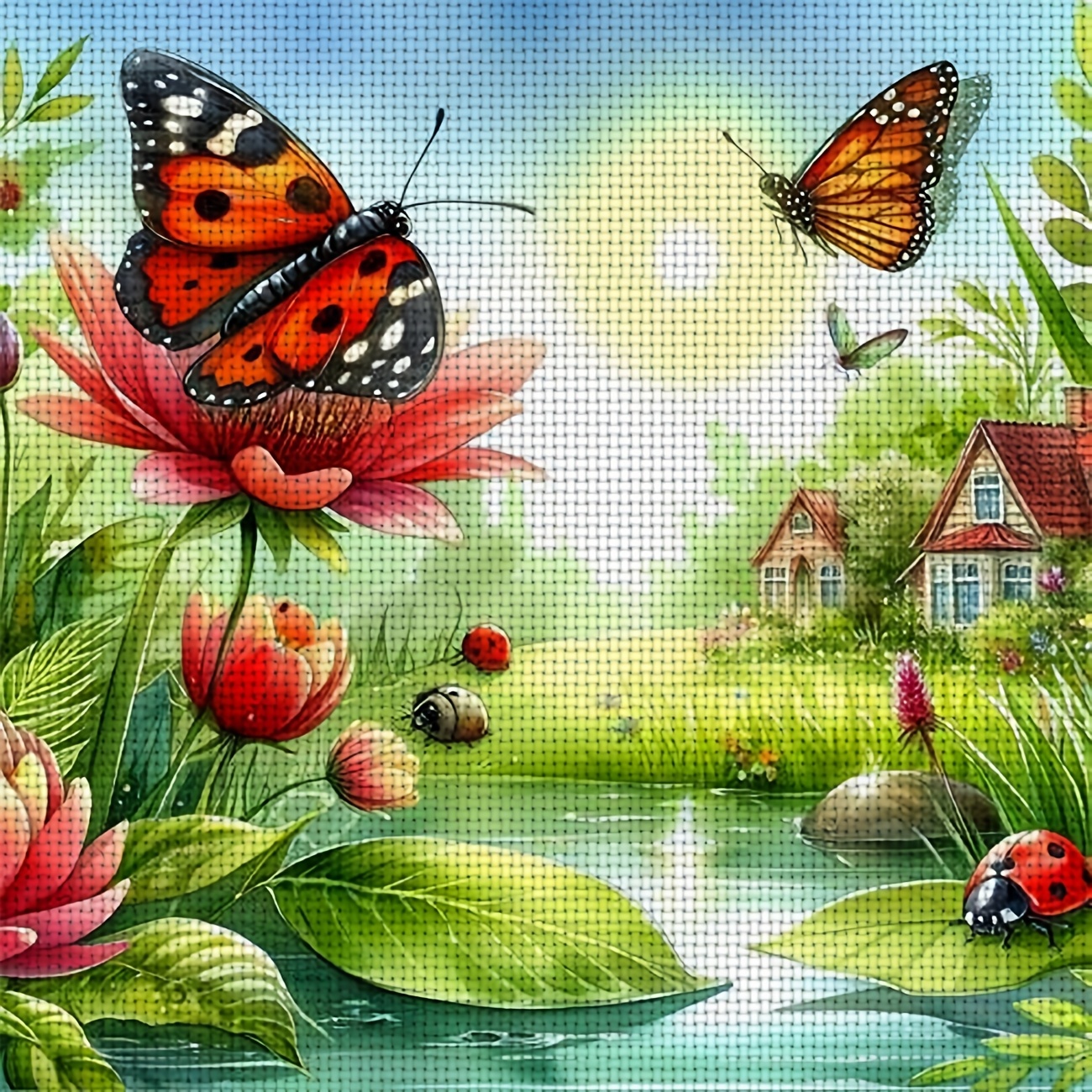 Printed Cross Stitch Kit, 'Butterflies and Ladybugs in the Garden' Pattern