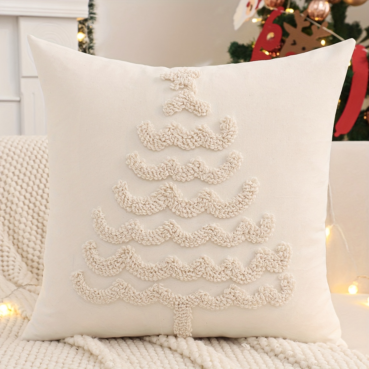 1 Christmas Pillowcase With Christmas Tree Tufted Embroidery, Bow, Gift Box, Canvas, Winter Room Sofa Decoration, Holiday Gift