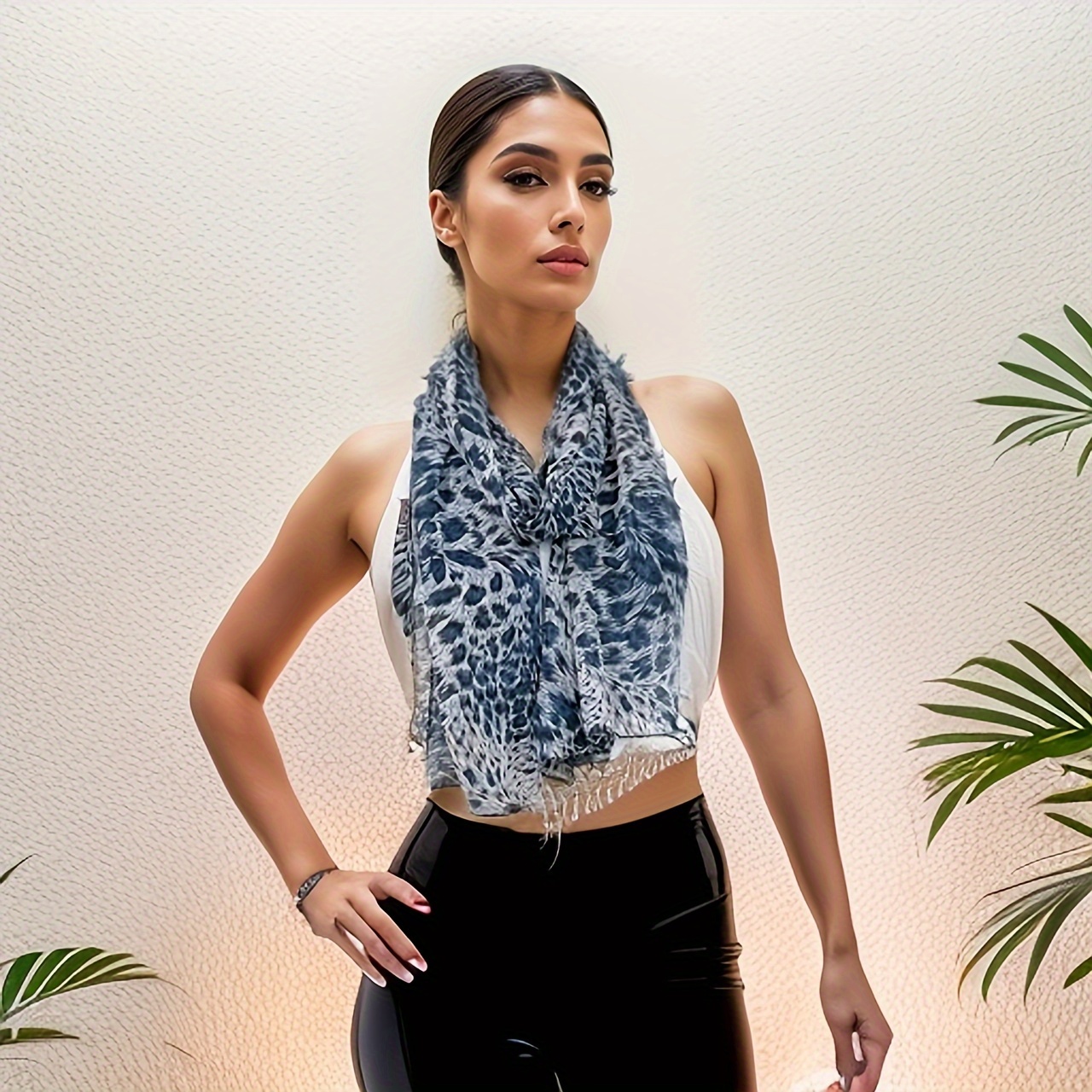 

Navy Leopard Printed Chiffon Scarf For Women