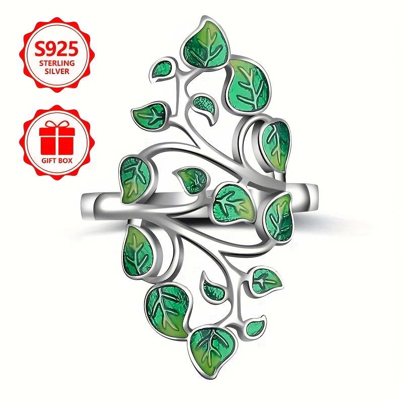 925 Silver Green Leave Branch Women's Ring High End Light Daily