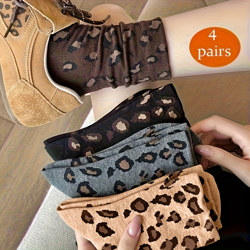 TEMU 4 Pairs Autumn Winter Women's Socks Ins Trendy Leopard Print Polka Dot Mid-calf Socks Thickened Boneless Fashion Versatile