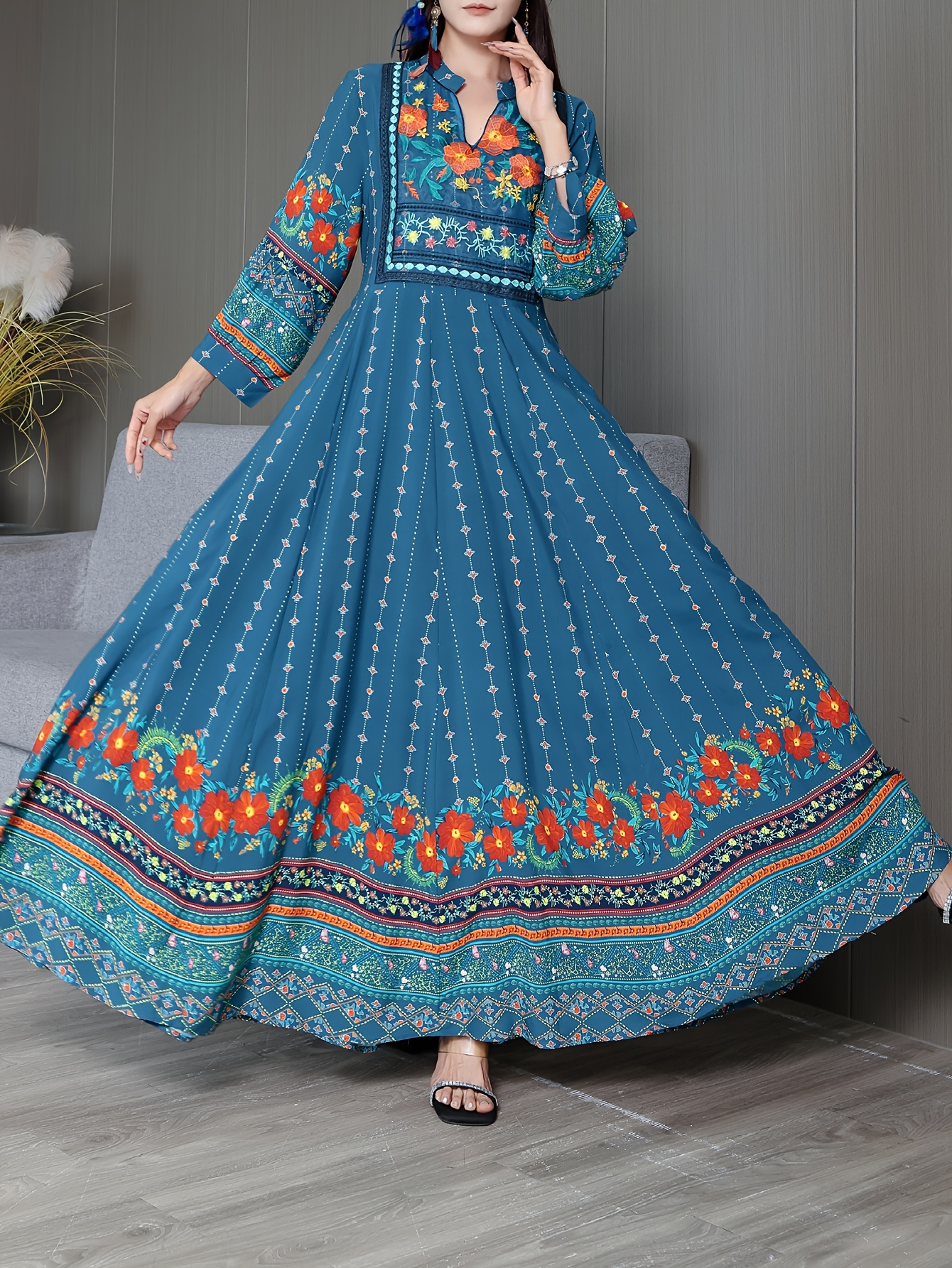 Blue Bohemian Maxi Dress with Floral Print High Low Hem