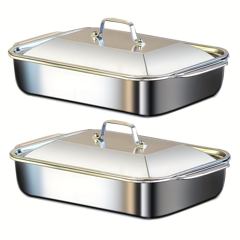 TEMU 2pcs Stainless Steel Fish Plates With Anti-stick Bottom - Square, Durable Bbq & Serving Trays For Seafood, Buffet, And Holiday Dining