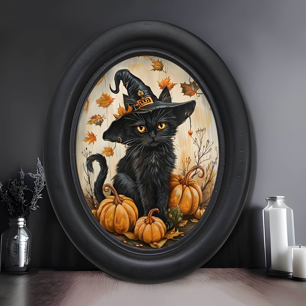 

Vintage Black Cat And Pumpkin Wall Art - Animal Themed Decorative Oval Wooden Sign - Wall Hanging Multipurpose Decor For , Thanksgiving, Christmas - Handcrafted Photo Transfer Plaque