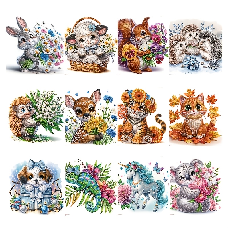 TEMU Schattige Dieren & Bloemen Serie - 12-delige 5D DIY Diamond Painting Wenskaartenset - Maak Hartverwarmende, Sprankelende Boodschappen met Deze