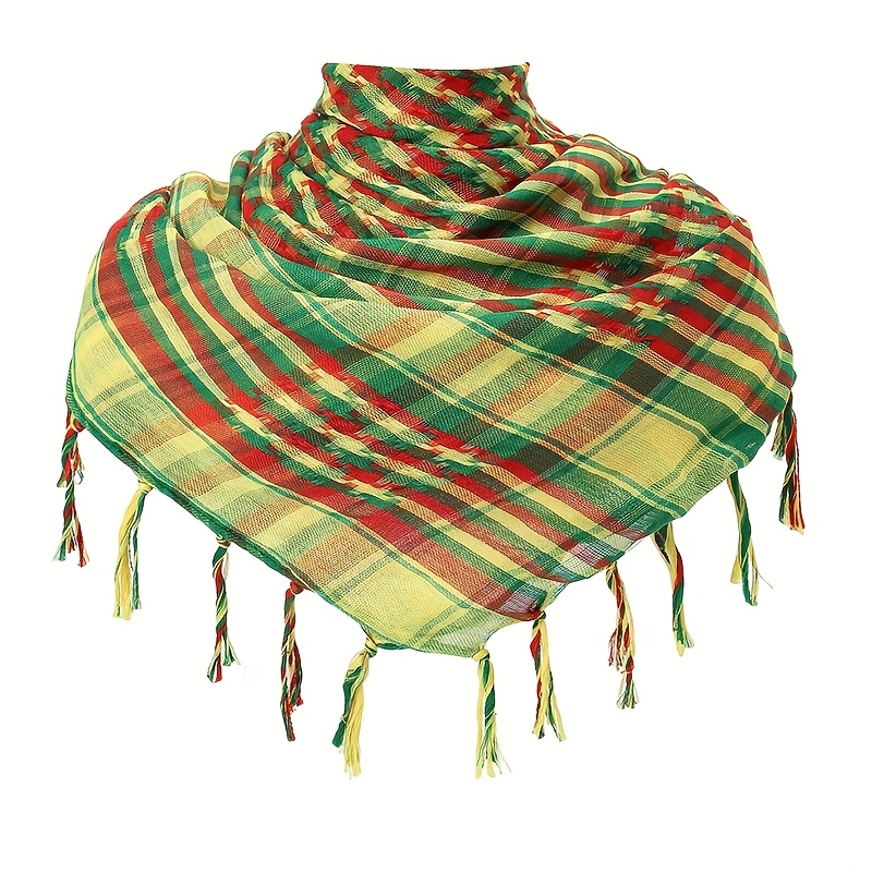 Image of Thin Color-block Geometric Fringe Arab Square Scarf For Outdoor Camping, Trade Large Scarf, Headscarf