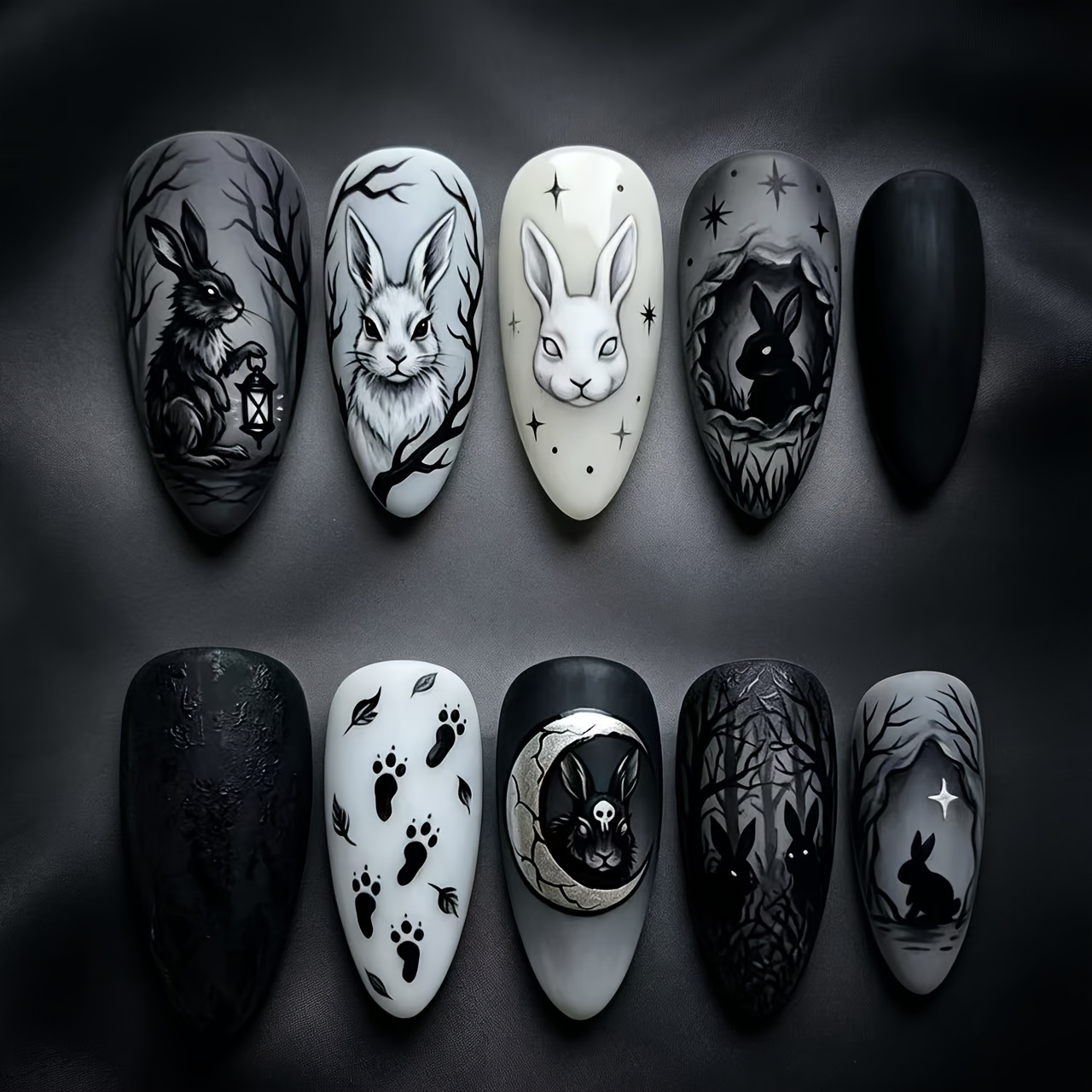 TEMU 10pcs Set Niche Mysterious Rabbit Press-on Nails Black And White Gradient Forest Paw Design Matte Glossy Dual Texture Nail Sheets Reusable