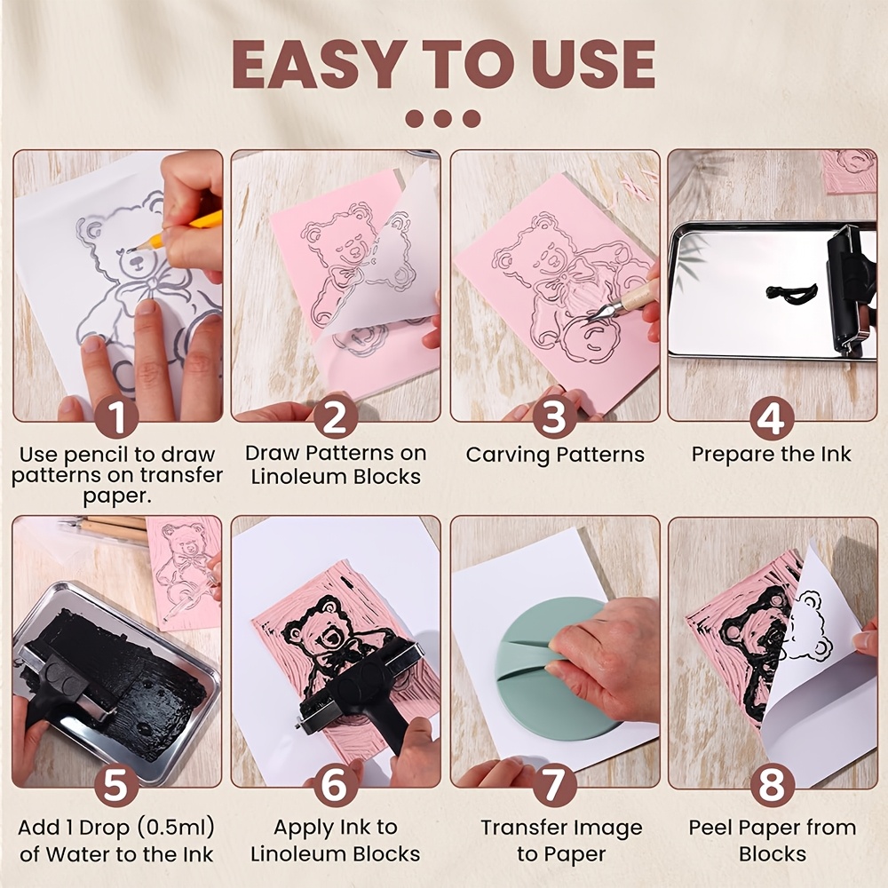4pcs Rubber Linocut Kit for Printmaking and Stamp Making