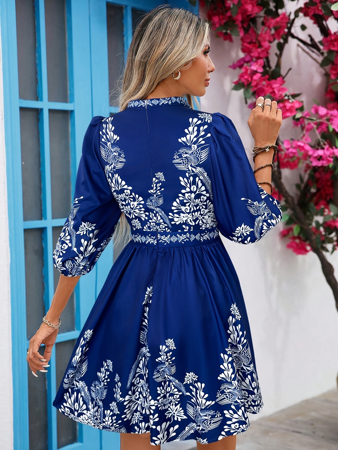 elegant white dress blue floral bird print v - Temu Mauritius