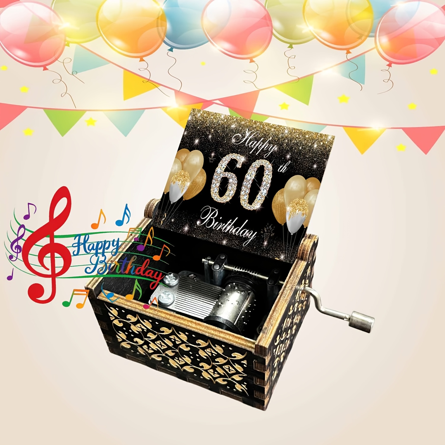 TEMU 1pc Vintage Wooden 60th Birthday Music Box With Hand-cranked Happy Birthday Song, Wood Suitable For Home Decor, Birthday Gifts For &, Retro