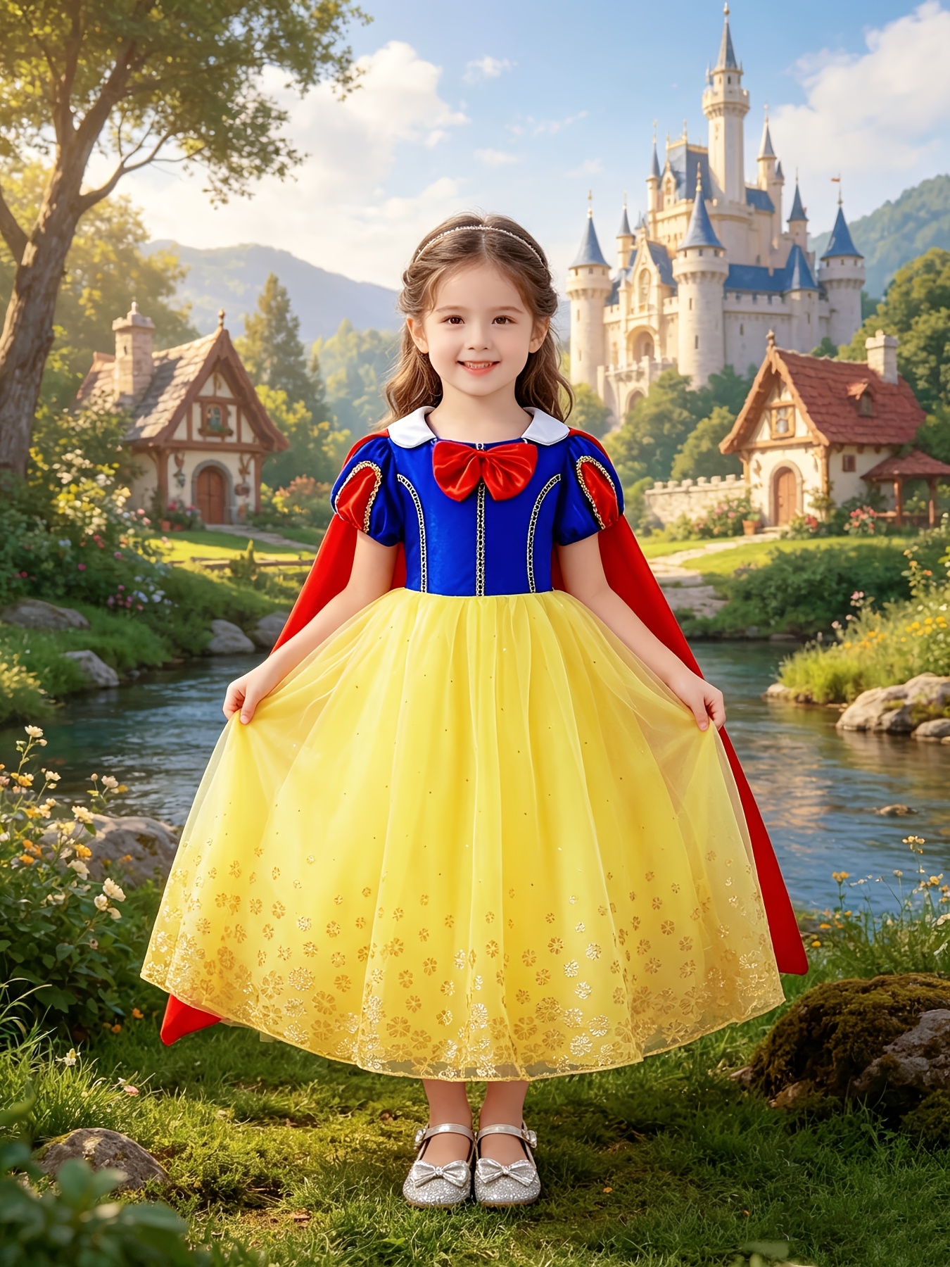 Classic Girls' Color-Block Dress with Red Cape and Accessories