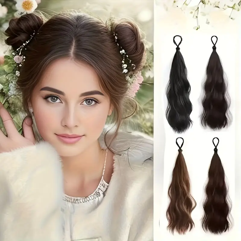2pcs set of synthetic hair long wavy braided ponytail band with elastic rubber band straight style womens elastic hair loop suitable for hairstyles wigs details 4