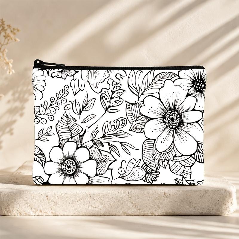 TEMU 2d Flat Double-sided Printed Makeup Bag, 1pc, High-end Minimalist Style Zipper, Black And White Hand-painted Floral Large Capacity Makeup Bag,