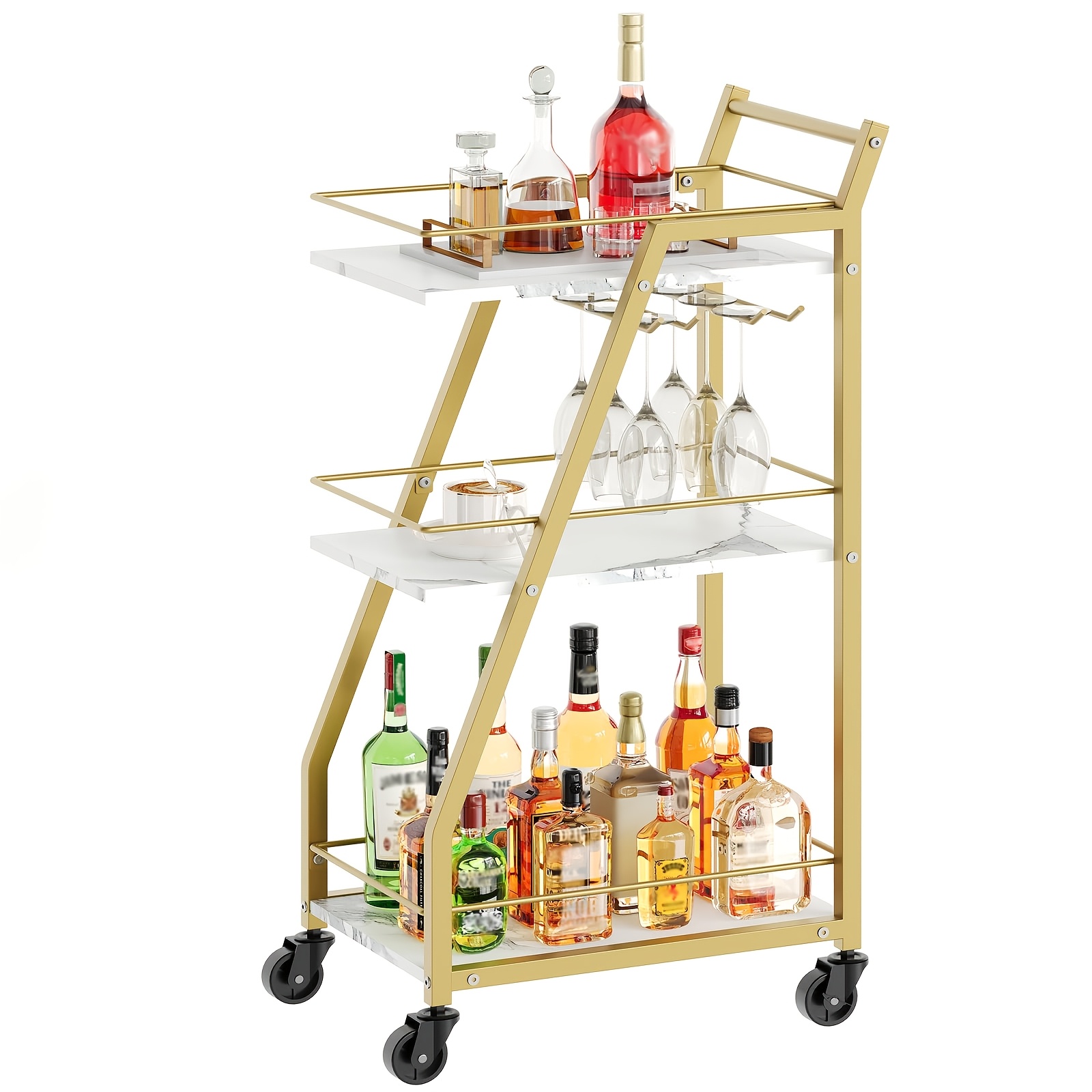 TEMU Three-layer Multi-functional Mobile Bar Cart, With Wheels, With Glass Holder, Living Room Entrance Wine Storage Cart, Suitable For Home, Living