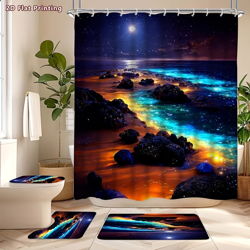 4pcs Ocean Night View Shower Curtain Set with U-Shaped Pad