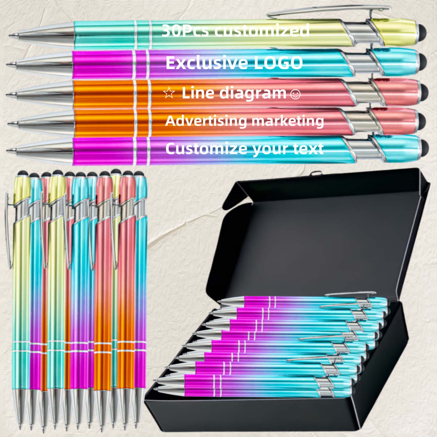 Image of Black Box 30pcs Retractable Touch Screen Ballpoint Pen, Spot Wholesale, Creative Gradient Color Aluminum Rod Pen, Lettering Logo, Metal Advertising Pen