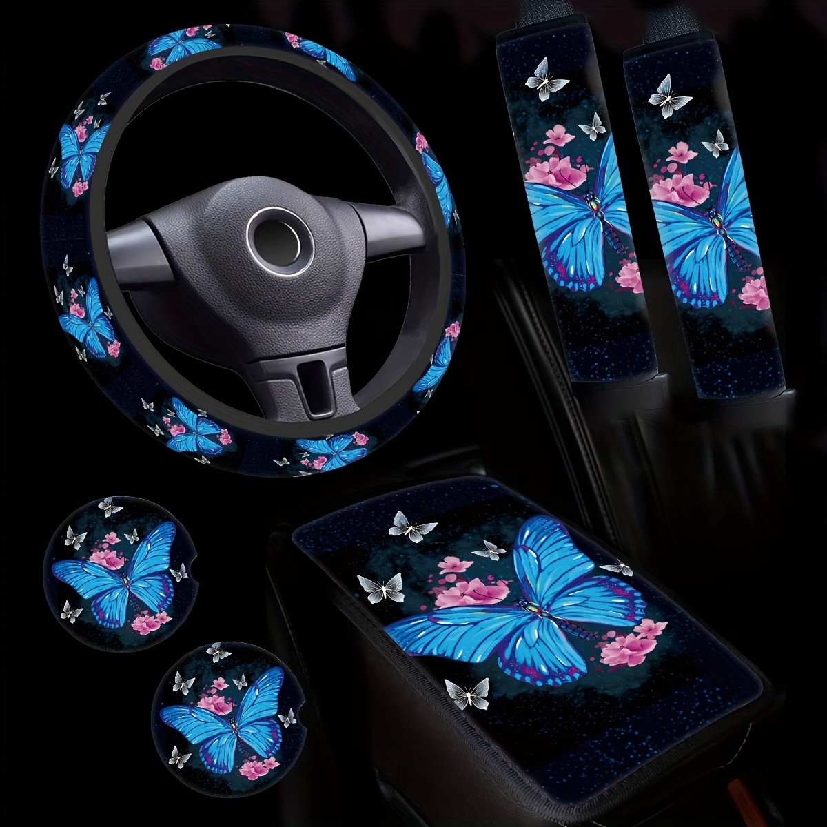 

6pcs Print Car Interior Set - Fit For Most Vehicles, Includes Steering Wheel Cover, Seat Belt Pads & More, Car Accessories