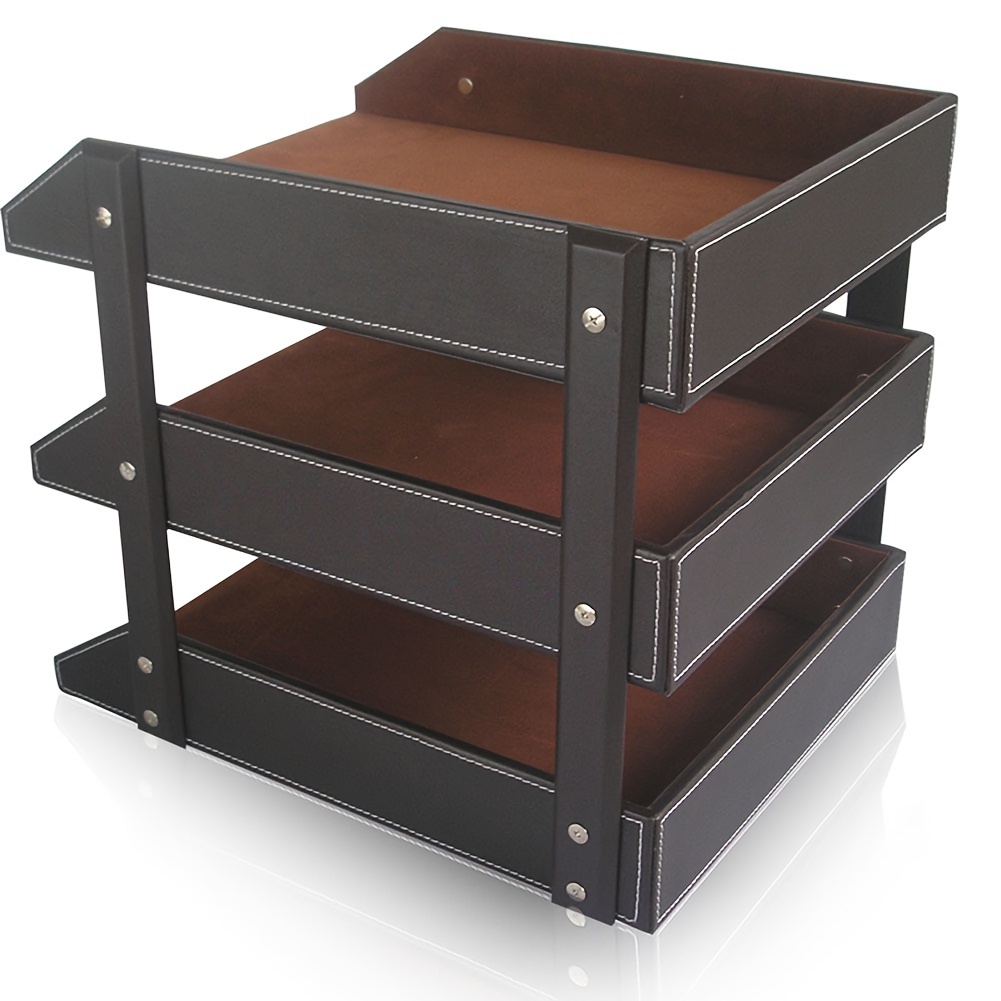   3 tier black pu leather desk organizer detachable lightweight office file magazine storage rack with bracket shelves document organization stylish magazine holder functional design magazine rack