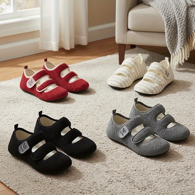 Women'S Plush Flat Shoes | Indoor & Outdoor with Rubber Sole, Hook-and-loop Fastener, Solid Color Fabric Upper and Insole, Non-slip, Low Top