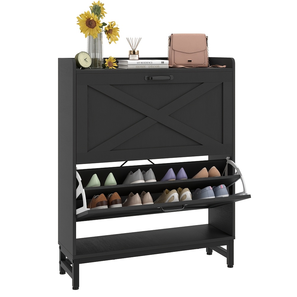 Image of Slim Shoe Cabinet With 2 Flip Drawers, Tall Hallway Shoe Storage For 12-16 Pairs, Modern Shoe Cupboard With Adjustable Shelves, Metal Handles Legs, 80x24x100cm, Black Natural Wood