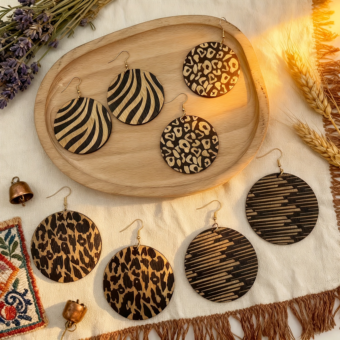 E-shop 4 Paar/Set, Retro Elegante Leopard Print Hoop Holz Ohrringe und Ohrtropfen, Individueller Fashion Leopard Print und Dynamischer Print, Damen