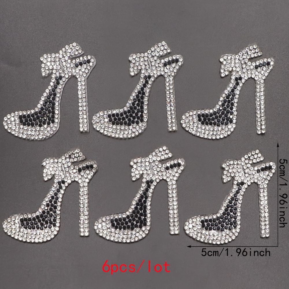Set Of 6 Glittery Iron-on Patches Featuring High Heels, With Silver Rhinestones. Perfect For Hats, Clothing, Projects, And Stylish Additions For Jeans, Shirts, And Jackets