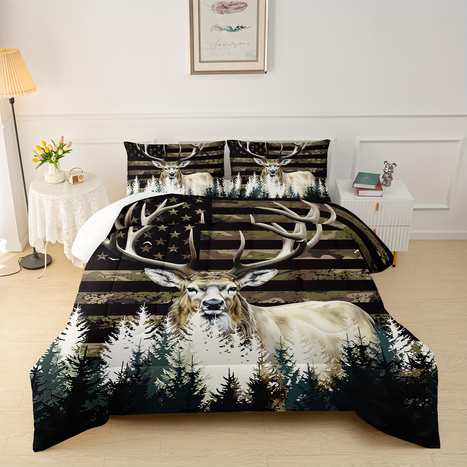 

Deer Comforter Sets, American Flag Camo Bedding Sets, Western Farmhouse Wild Animal Quilt Black Decor 3pcs With 1 Comforter 2 Pillowcase