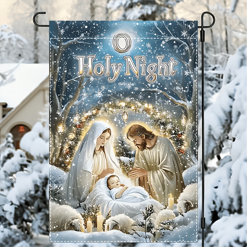 TEMU 1 Night Christmas Garden Flag, Double Sided Durable Polyester Yard Flag, Religious Nativity Scene With Snowflakes And Sheep, No Electricity