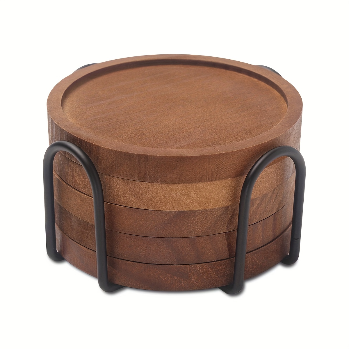 TEMU 5pcs Natural Wood Drink Coasters Set With Holder | Rustic Coffee Table Decor For , Tabletop Protection, Beverage Serving, Ideal For Thanksgiving, Father's Day,