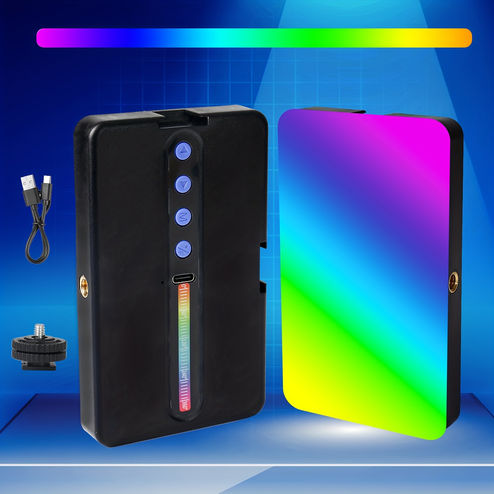 TEMU selfie RGB portátil diseñada para videollamadas, con interfaz de frío y clip, recargable con opciones de atenuación, ideal para teléfonos