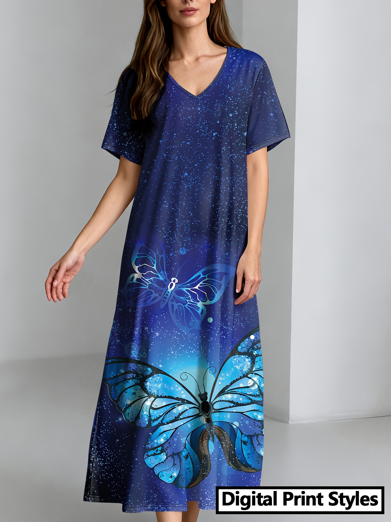Elegante abito lungo casual elegante con scollo a V - Stampa con motivo a farfalle colorate - Maniche corte, scollo a V, gonna fluida, perfetto per l'estate, abbigliamento casual e formale, abito casual | Abito con scollo a V | Stile femminile