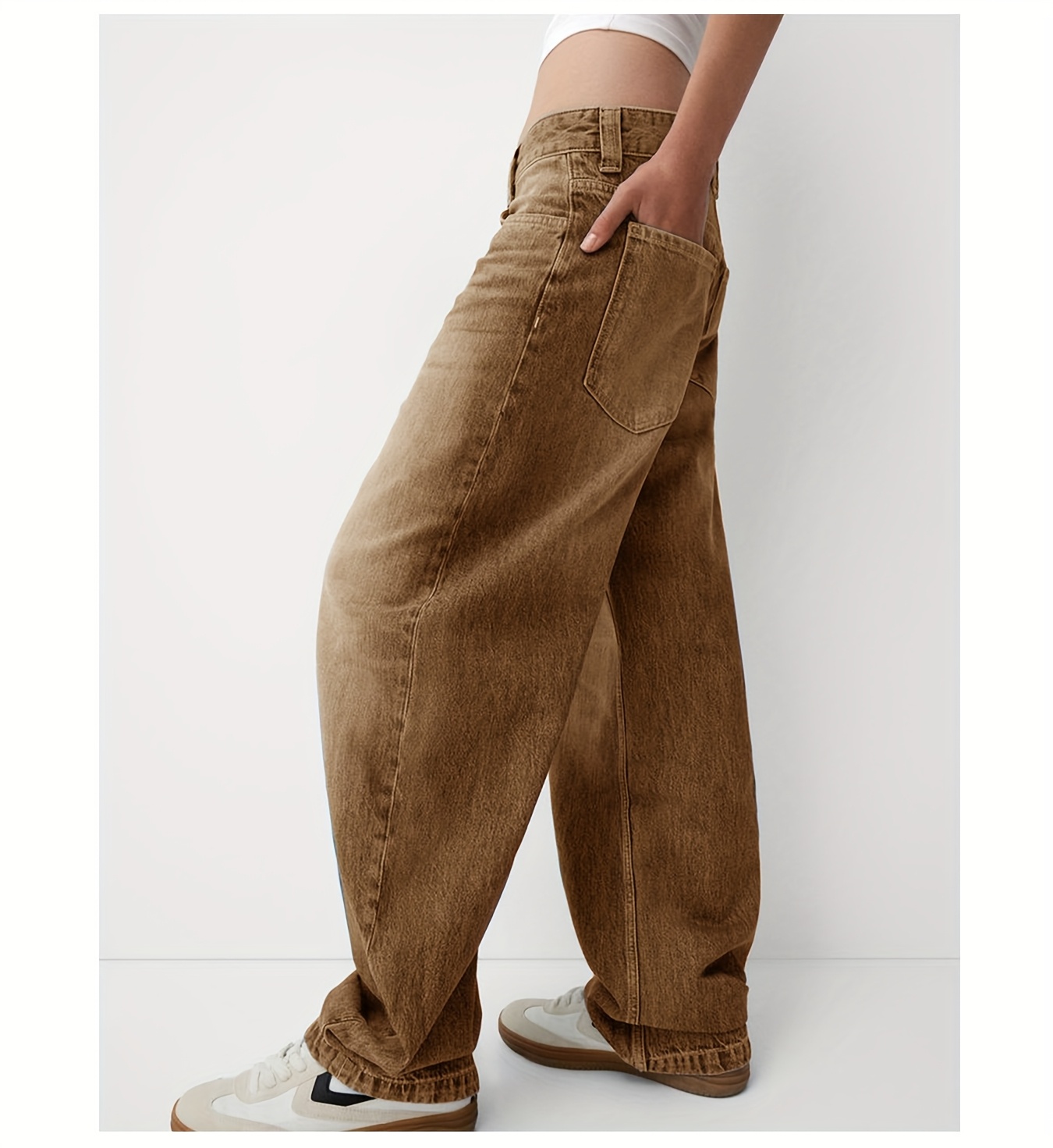 UCOOLYN Pull-on wijde pijpen jeans voor dames, hoge taille buikcontrole rekbare baggy trendy rechte spijkerbroek met zakken, L