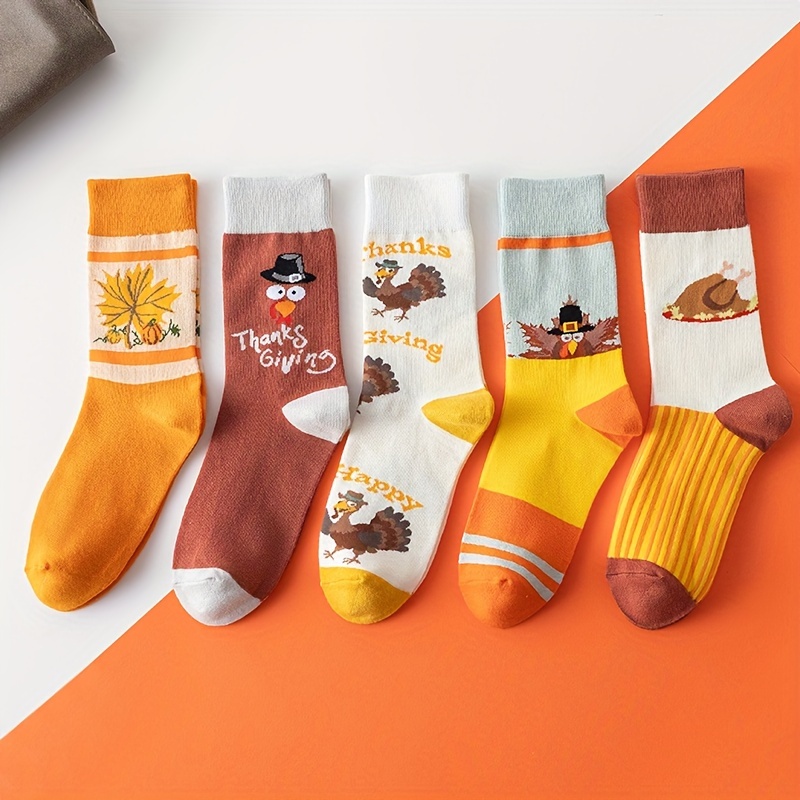 

5-pack Thanksgiving Themed Novelty Socks For Men And Women, Cotton With Spandex, Hand Washable, Holiday Gift Socks