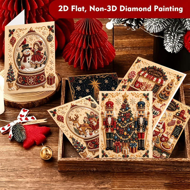 TEMU 6pcs Vintage European Christmas Diamond Painting Greeting Card & Envelope Kit Suitable For Nutcracker,, Reindeer Cards With Pearl &