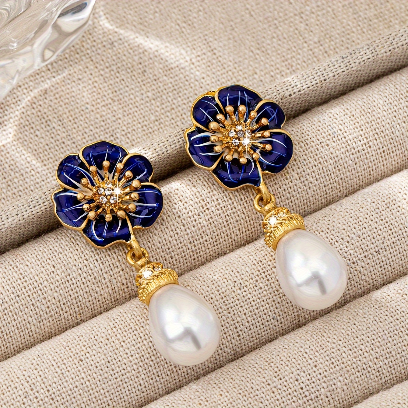 

1 Pair Elegant Floral Drop Earrings With Blue Enamel, Golden-tone , And Pearl Accents – , Parties, And Gifts For Women, Jewelry | French | Pearl Drop Earrings, Novelty Earrings