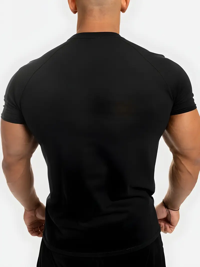 mens athletic crew neck t shirt quick dry polyester knit fabric short sleeve alphabet print skinny fit casual sports top for spring summer polyester 180gsm details 14