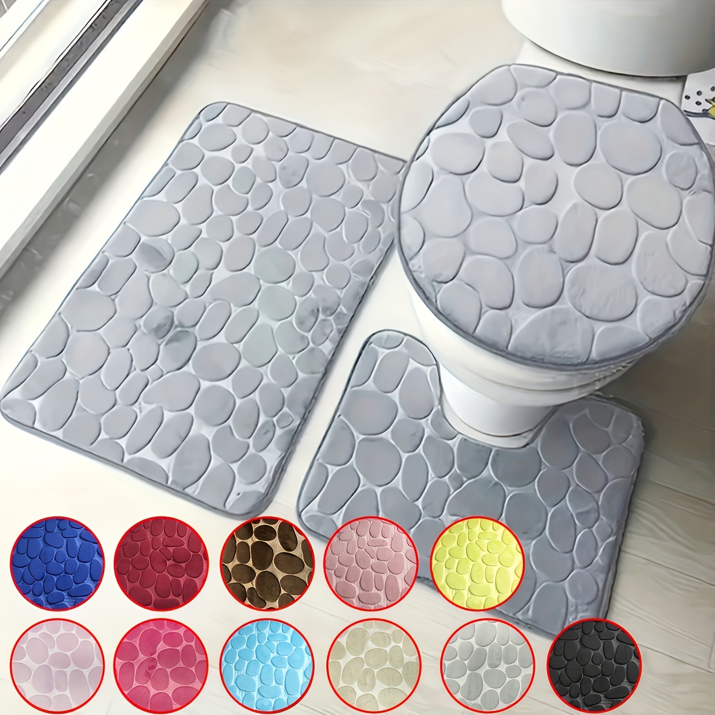 

3pcs Ultra Soft Non-slip Bathroom Rug Set With Absorbent Bath Mat, U-shaped Contour Rug, And Toilet Lid Cover - Durable Bathroom Accessories And Supplies