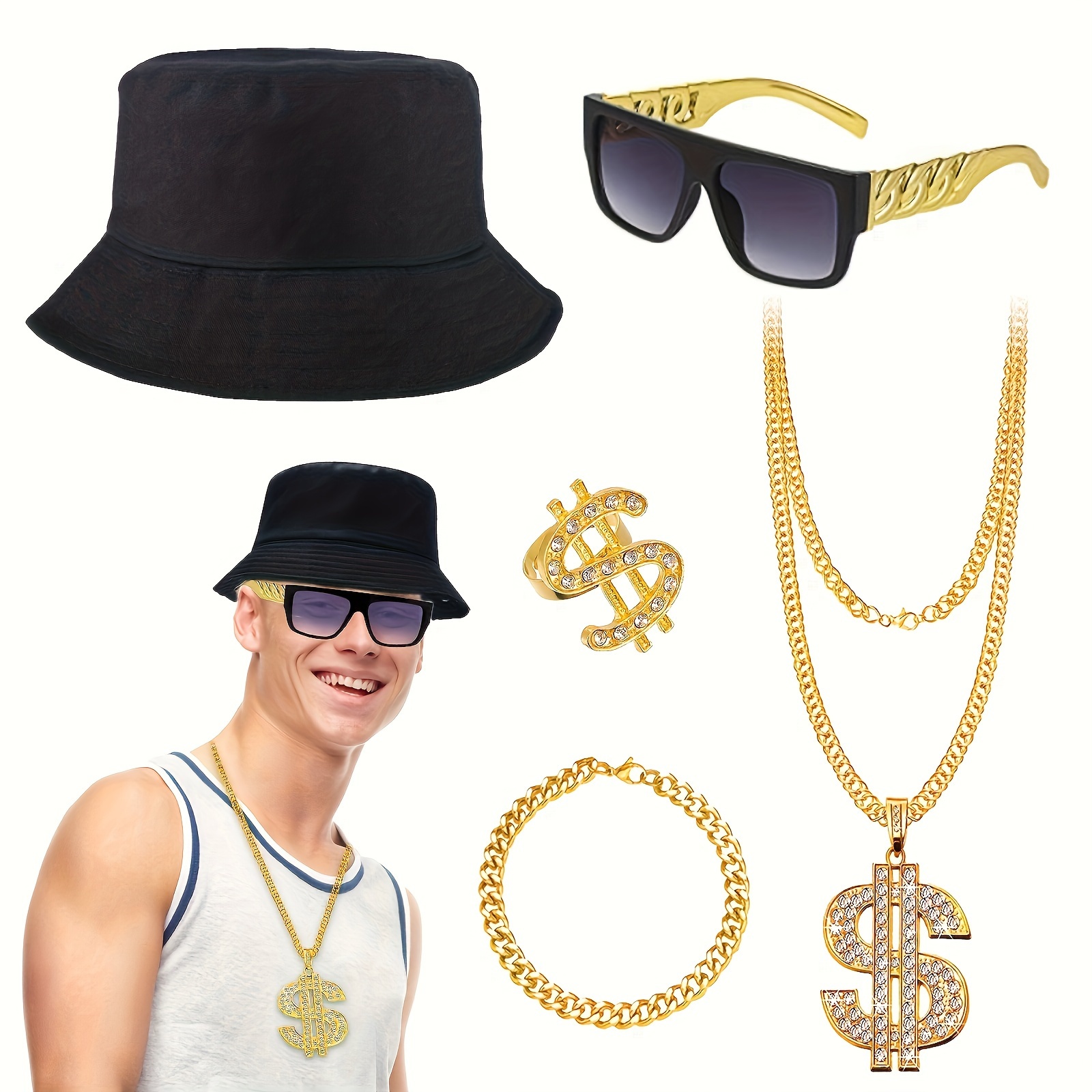 

5pcs/set Hip Hop Costume Kit For Men Women, 80s/90s Chunky Rapper Accessories Set Fancy Dress With Bucket Hat Dollar Sign Necklace Glasses Golden Bracelet Ring Outfits For Disco Theme Dress Up Party