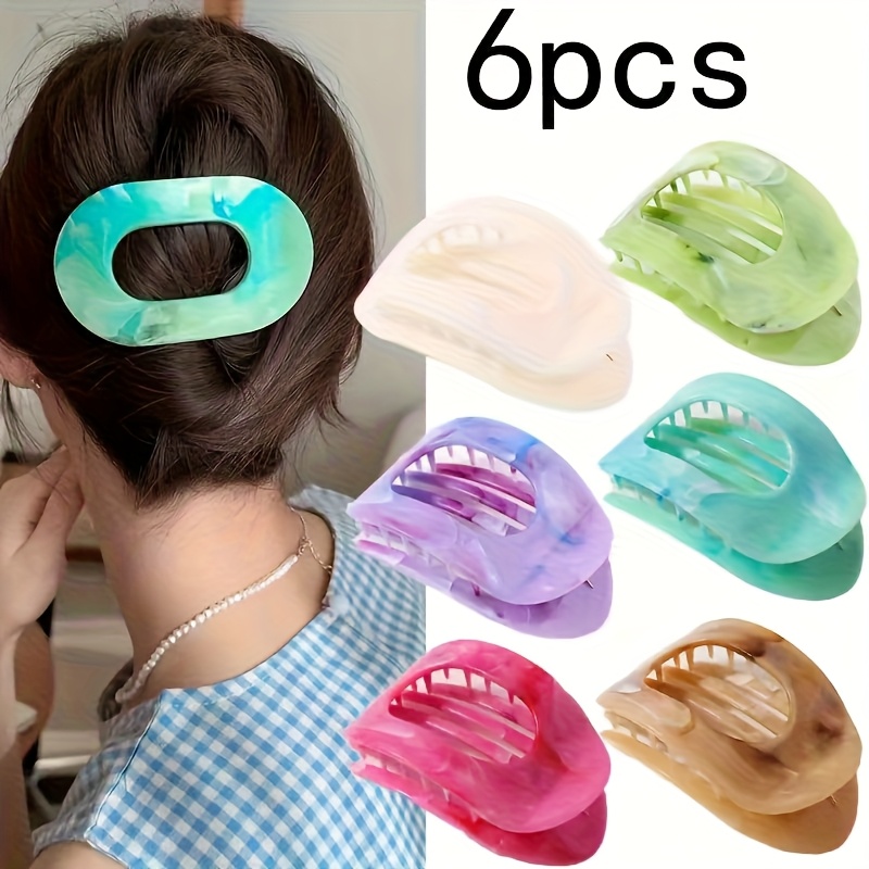 6pcs New Marble Gradient Hair Clips, Non-Irritating Flat Oval Claw Clips, High-End Shark Clips