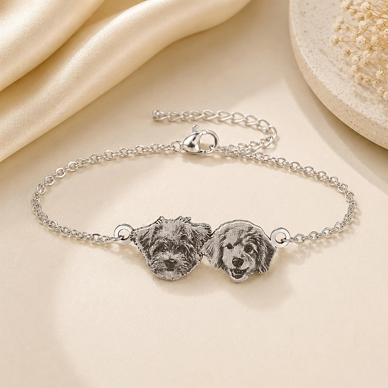 TEMU Pulsera personalizada con de mascota (2 fotos), joyería de acero inoxidable impermeable con cara de mascota, minimalista, para uso diario,