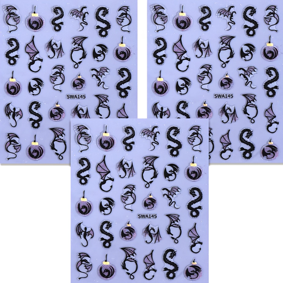 3 Sheets Of Glitter Flying Dragon Dark Series Nail Stickers - Dragon Pattern New Year Nail Decals - Easy To Apply - Suitable For Nail Design - Swa145