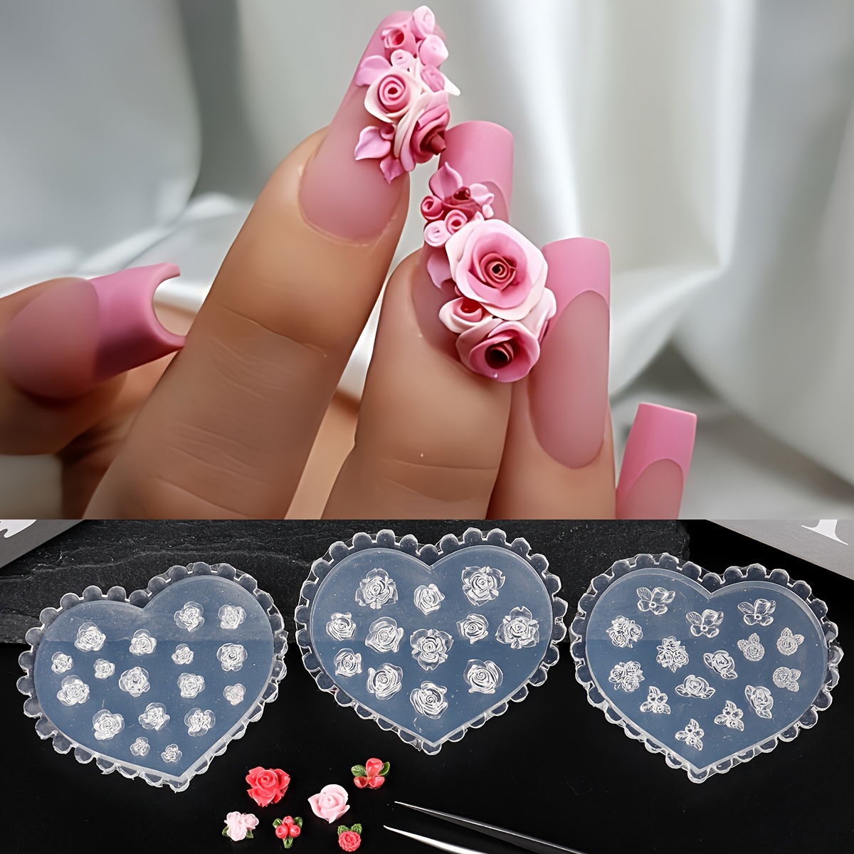 

3d Rose Flower Leaf Design Mould Nail Art Stencil Silicone Carving Mold, Romantic Template Diy Mini Nail Molds Manicure Art Tool