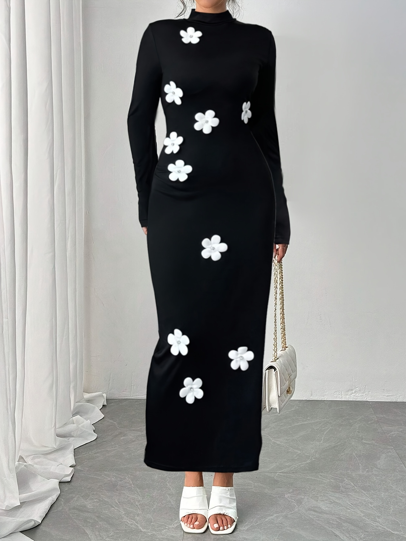 1pc elegant floral applique stand collar long sleeve maxi - Temu